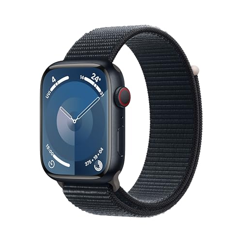 Apple Watch Series 9 (GPS + Cellular, 45 mm) Smartwatch mit Aluminiumgehäuse und Sport Loop Armband in Mitternacht. Fitnesstracker, Blutsauerstoff und EKG Apps, Always-On Retina Display, CO₂ neutral